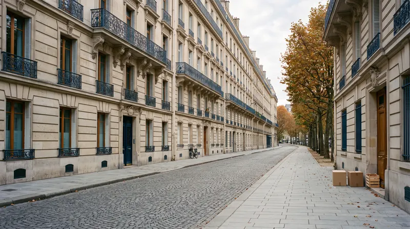 Rue résidentielle de Paris bordée d'immeubles haussmanniens