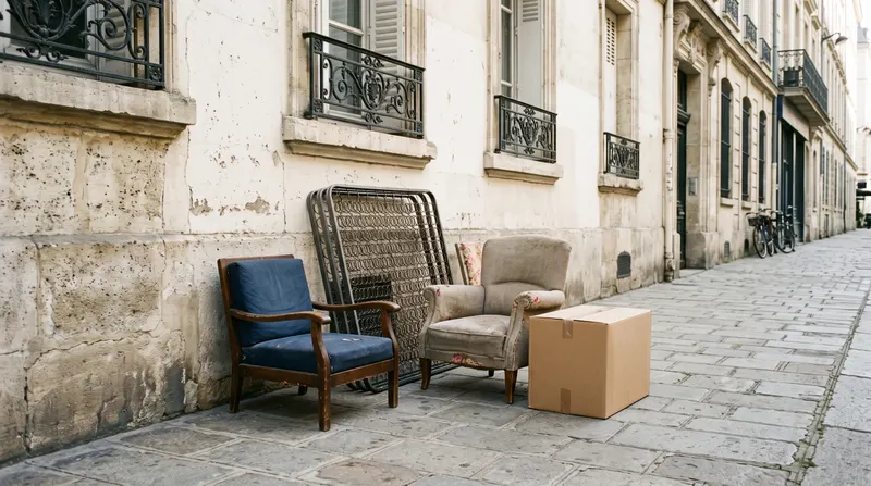 Vieux fauteuils, sommier et carton sortis au pied d'un immeuble