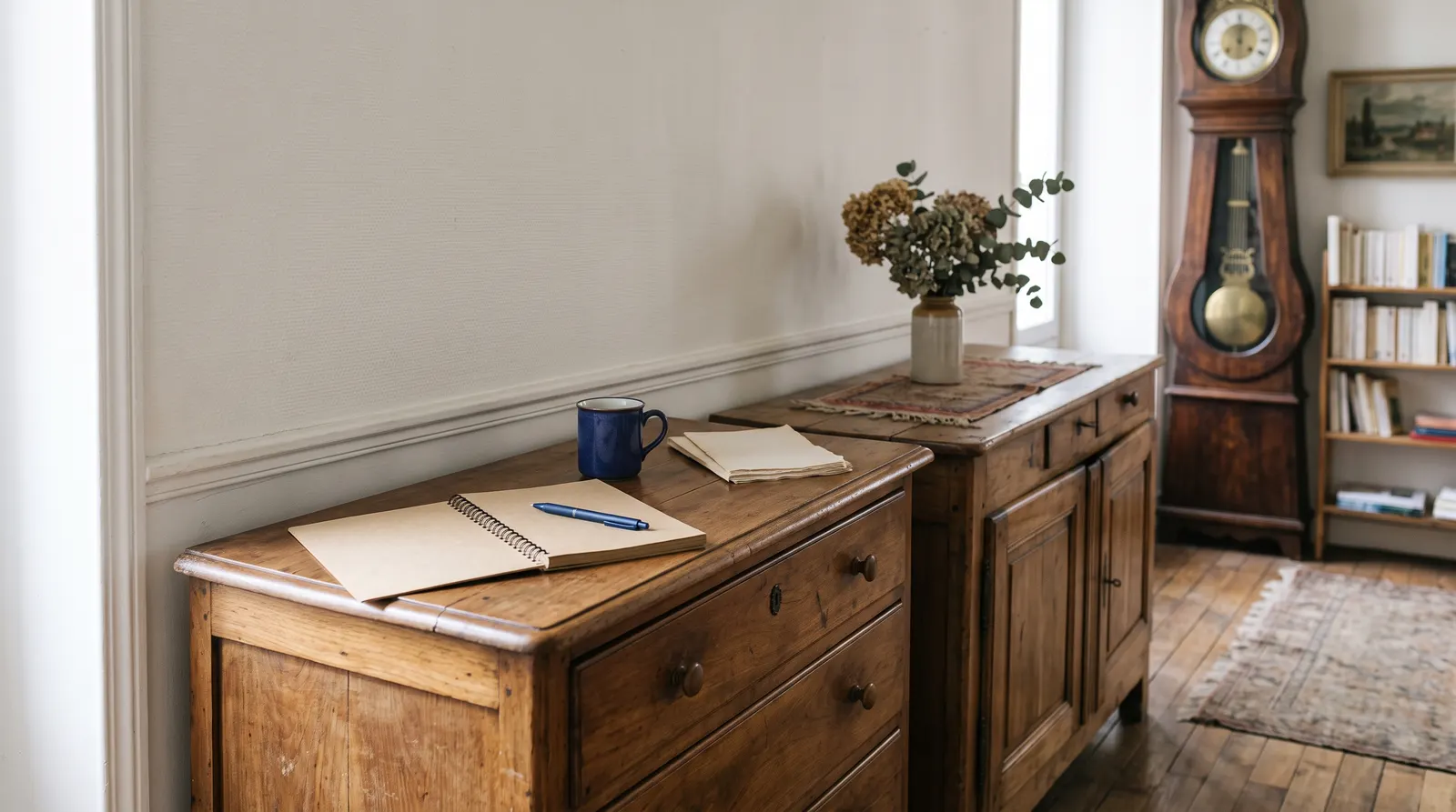 Commode et buffet anciens dans un appartement, bloc-notes posé dessus