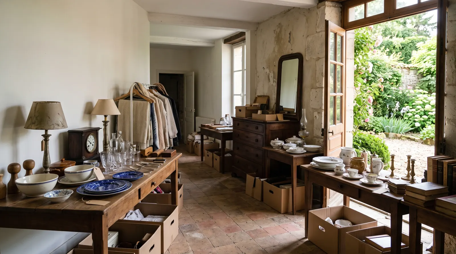 Meubles anciens et vaisselle disposés sur des tables dans l'entrée d'une maison pour un vide-maison