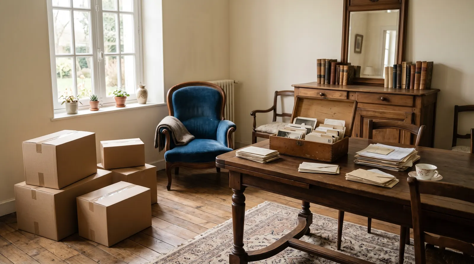 Salon d'une maison ancienne en cours de rangement, cartons fermés et papiers triés sur la table